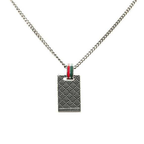 GUCCI Logo Diamante Shima Plate Necklace 21" Silver 925 Auth #04829 - Picture 1 of 4
